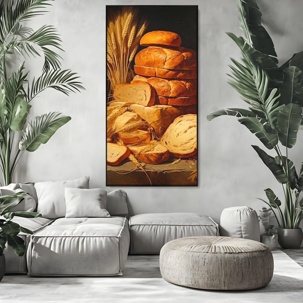 Tablou canvas cu natura moarta cu paine si grau, in rama de aluminiu negru, pe perete intr-un living